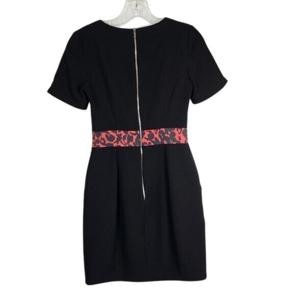 Karen Millen Black Mini Dress Sz 4 Animal Print Round Neck Short Sleeves Pleated - Picture 2 of 10